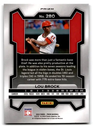 Back of Lou Brock baseball card with career stats from 2024 Panini Prizm Prizms Silver