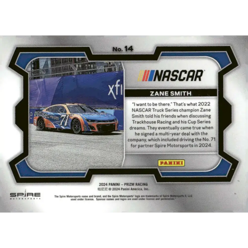 2024 Panini Prizm Rides #14 Zane Smith NM-MT Focused Health/Spire Motorsports/Chevrolet Racing Card - Racing Card Single