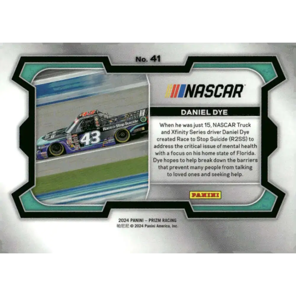 2024 Panini Prizm Rides #41 Daniel Dye NM-MT Race to Stop Suicide/McAnally-Hilgemann Racing/Chevrolet Racing Card