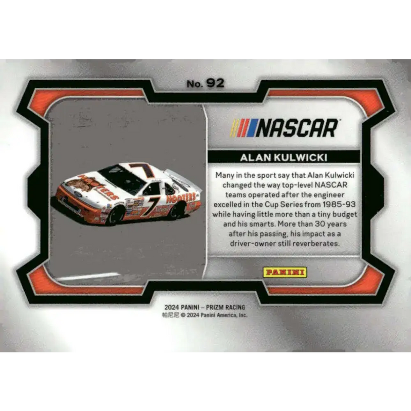 2024 Panini Prizm Rides #92 Alan Kulwicki NM-MT Hooters/Alan Kulwicki/Ford Racing Card - Racing Card Single