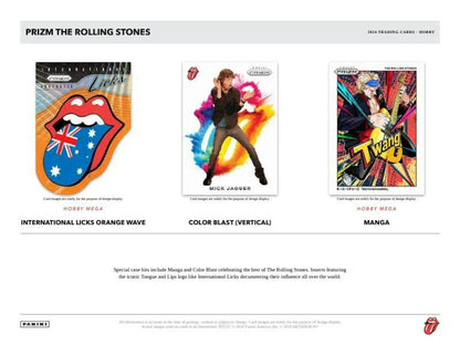 Three Rolling Stones trading cards from the 2024 Panini Prizm The Rolling Stones Hobby Mega Box