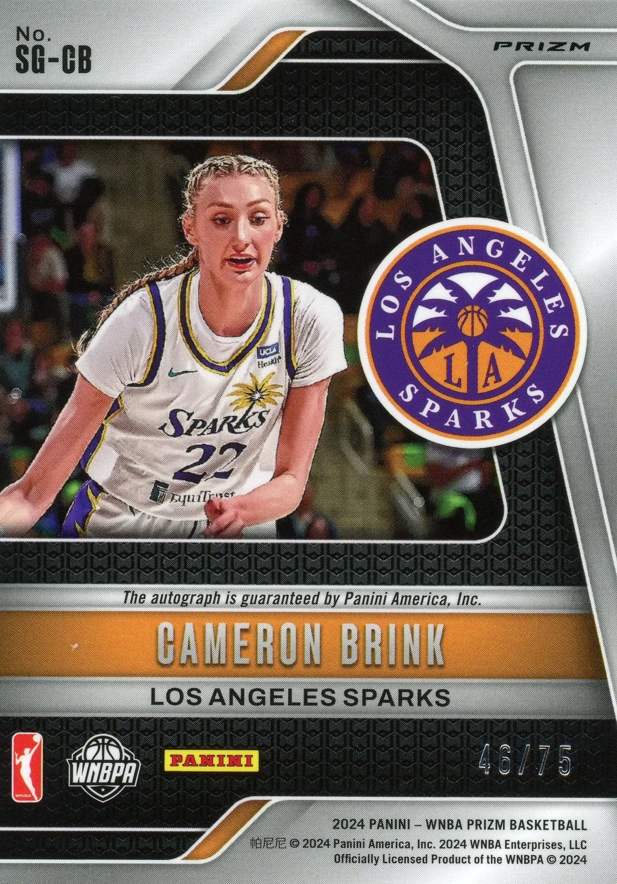 2024 Panini Prizm WNBA Cameron Brink #SG-CB Blue Auto /75 RC Sparks - Basketball Card Single