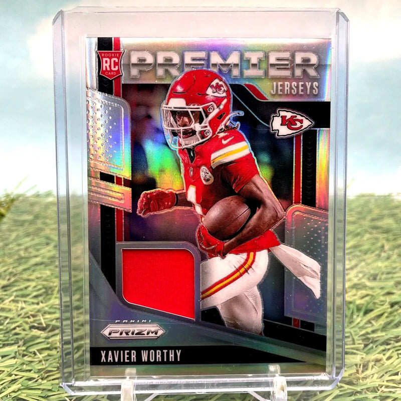 Xavier Worthy trading card from 2024 Panini Prizm Premier Jerseys collection