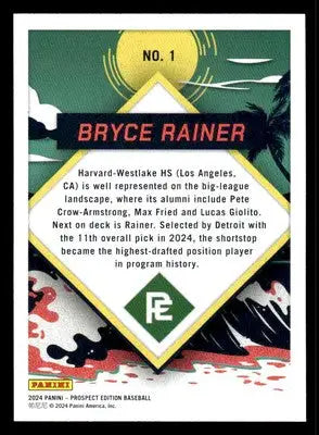 2024 Panini Prospect Edition #1 Bryce Rainer Prepping For The Pros - Baseball Card Single