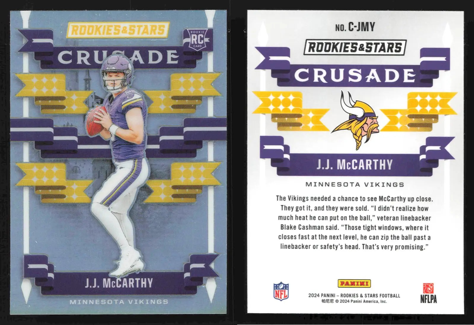 2024 Panini Rookies & Stars J.J. MCCARTHY #C-JMY Crusade Minnesota Vikings RC - Football Card Single