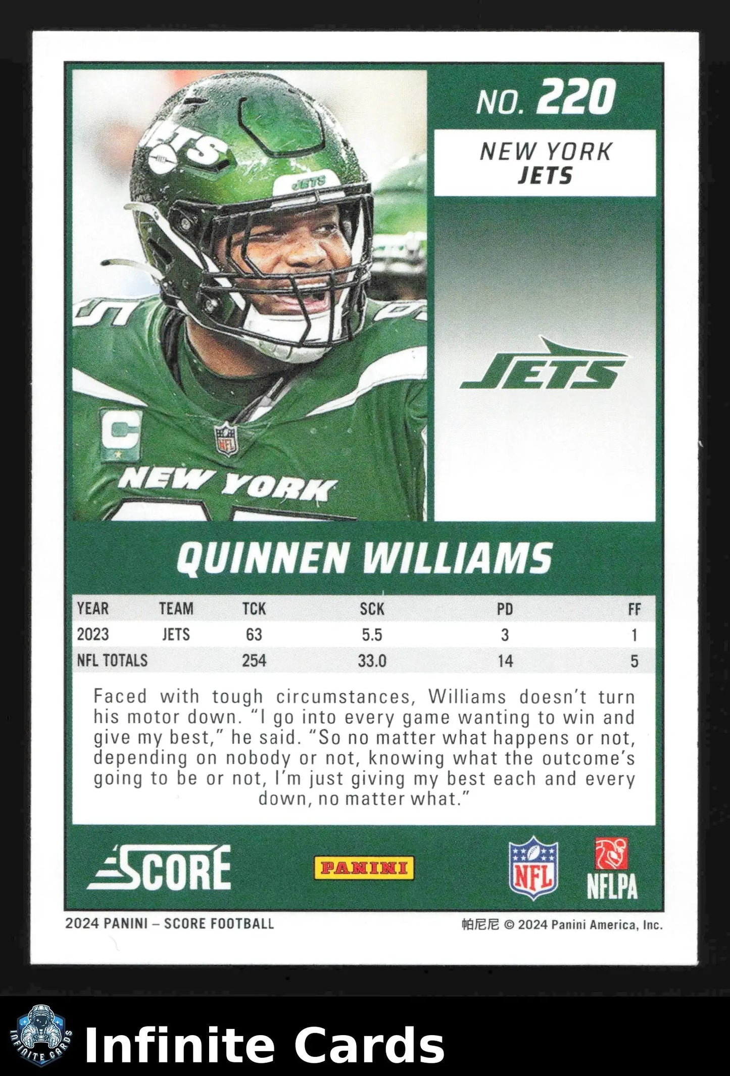 2024 Panini Score Football QUINNEN WILLIAMS #220 New York Jets - Football Card Single