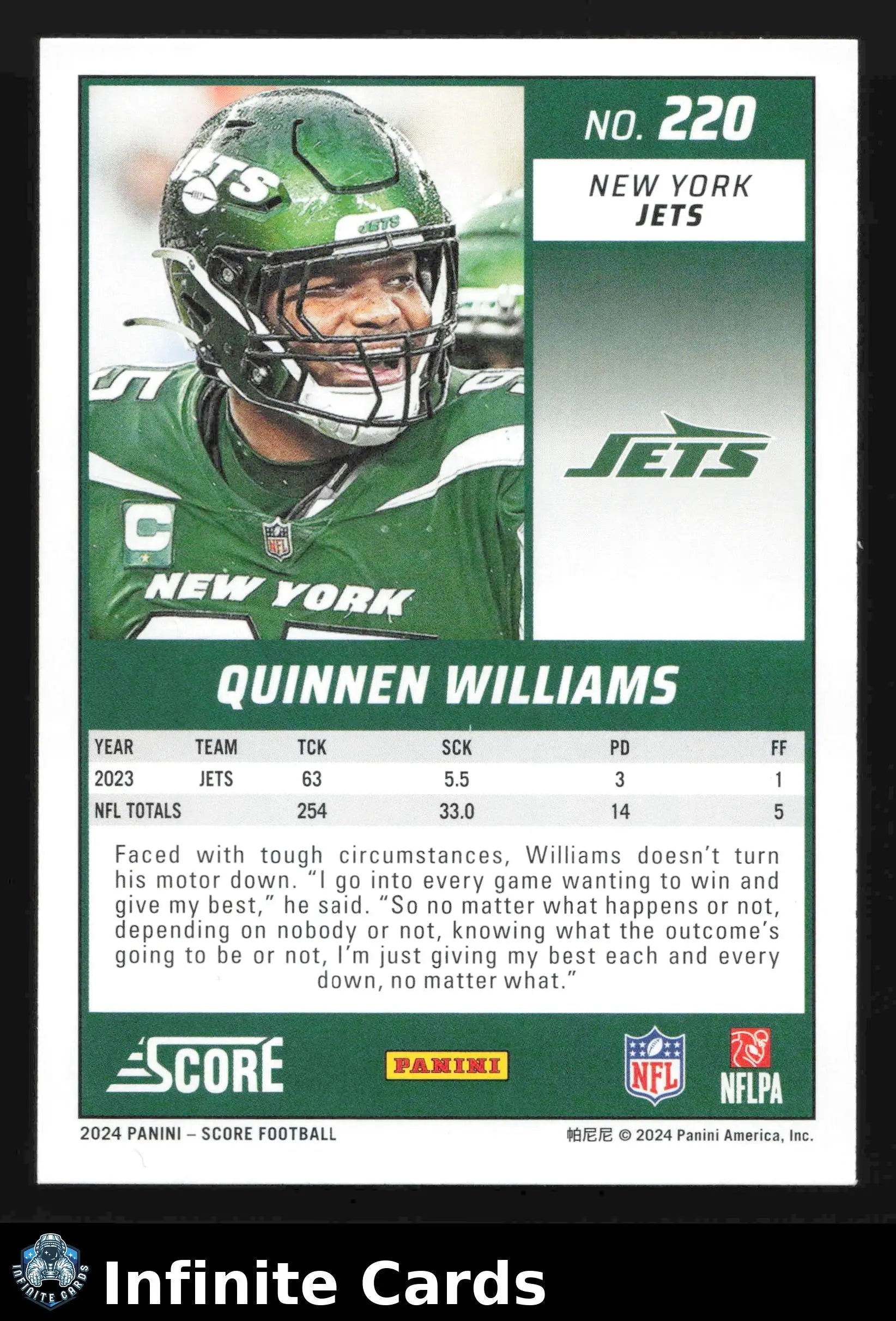 2024 Panini Score Football QUINNEN WILLIAMS #220 New York Jets - Football Card Single