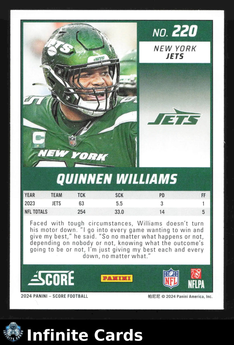 2024 Panini Score Football QUINNEN WILLIAMS #220 New York Jets - Football Card Single