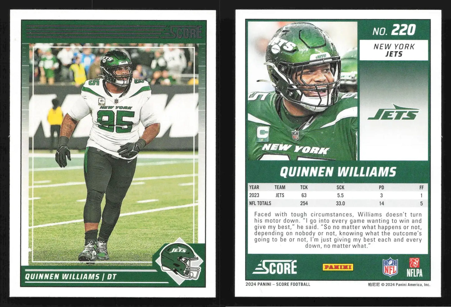 2024 Panini Score Football QUINNEN WILLIAMS #220 New York Jets - Football Card Single