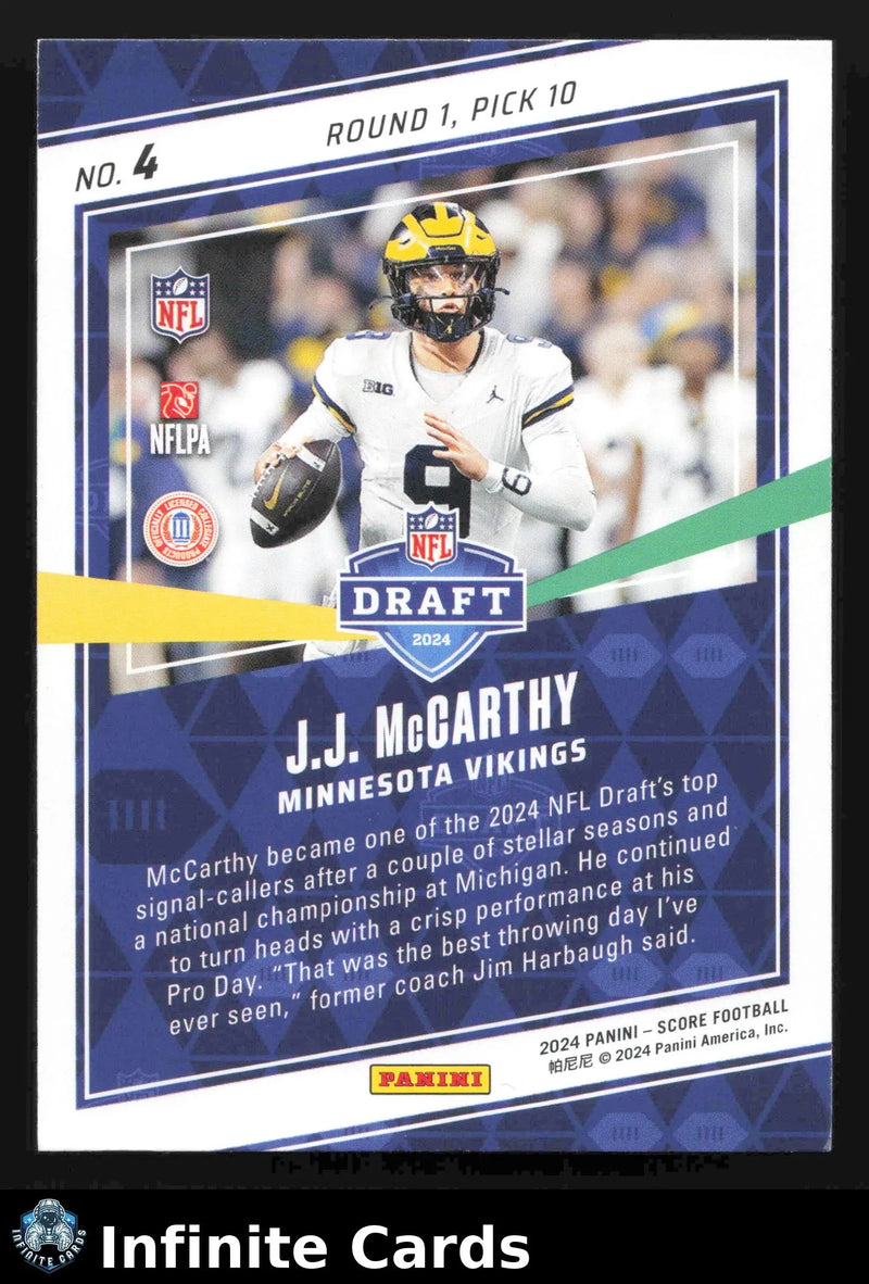2024 Panini Score J.J. MCCARTHY #4 Minnesota Vikings RC - Football Card Single