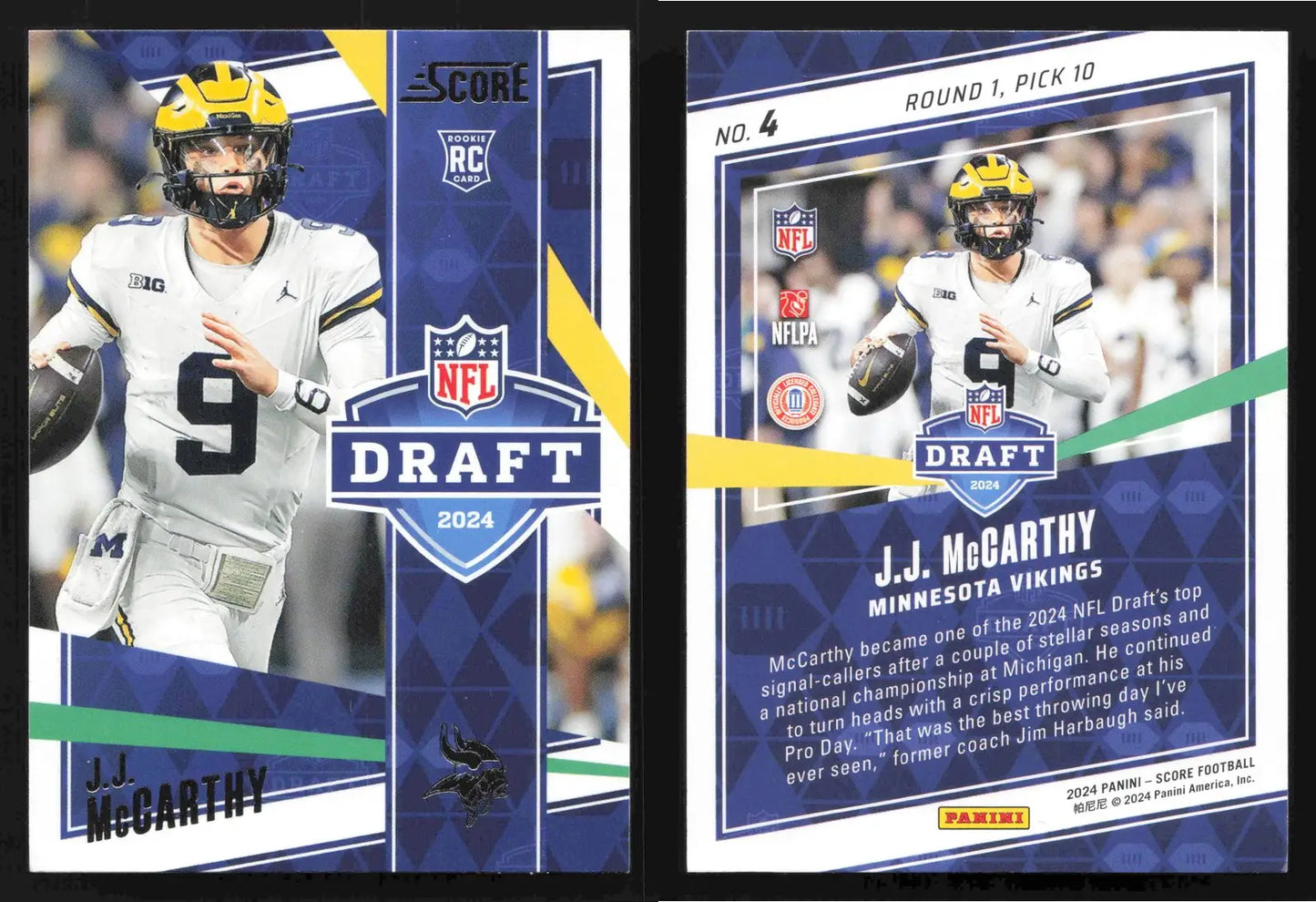 2024 Panini Score J.J. MCCARTHY #4 Minnesota Vikings RC - Football Card Single