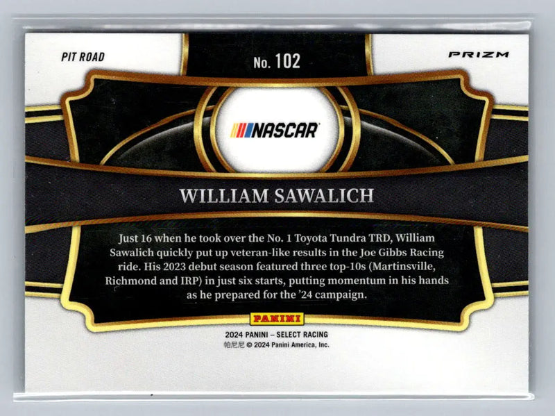2024 Panini Select #102 William Sawalich Tri-Color Prizms Joe Gibbs Racing - Racing Card Single