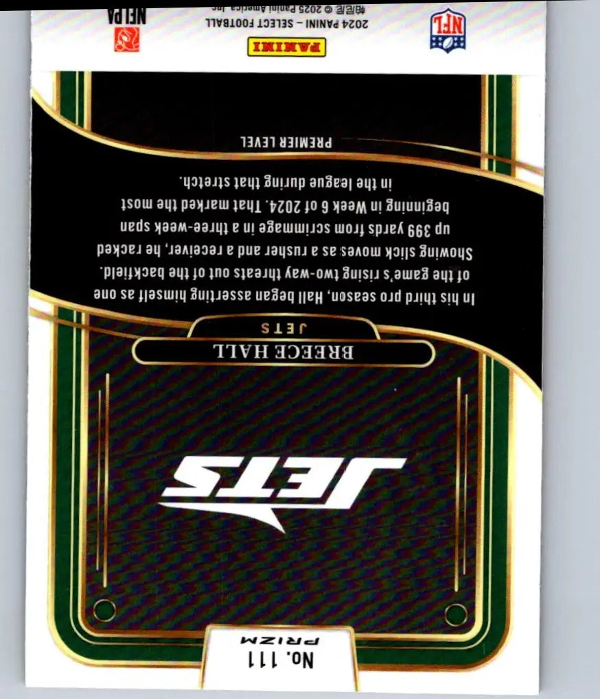 Collectible Breece Hall football trading card 2024 Panini Select Red & Yellow Prizm Shock