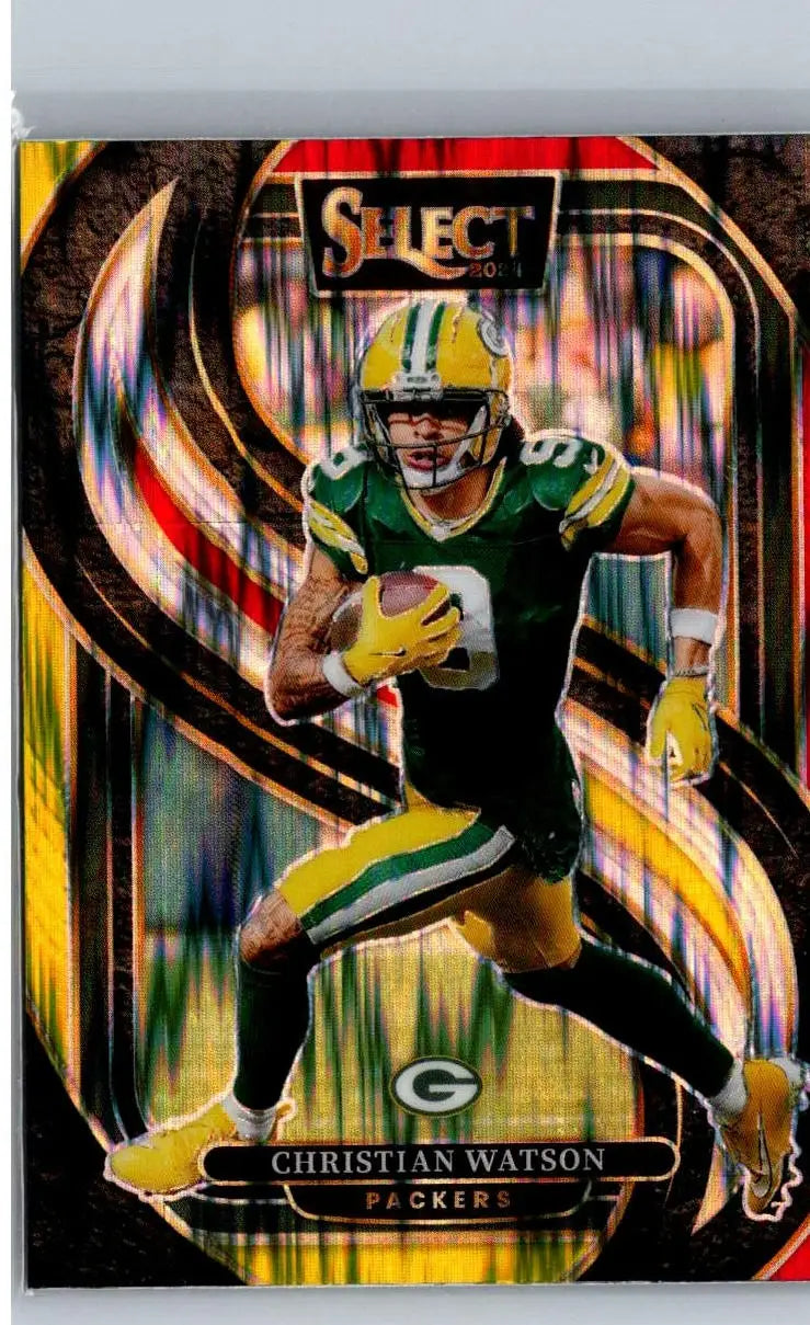 Football trading card of Christian Watson Green Bay Packers 2024 Panini Select Christian Watson Red Yellow Prizm Shock