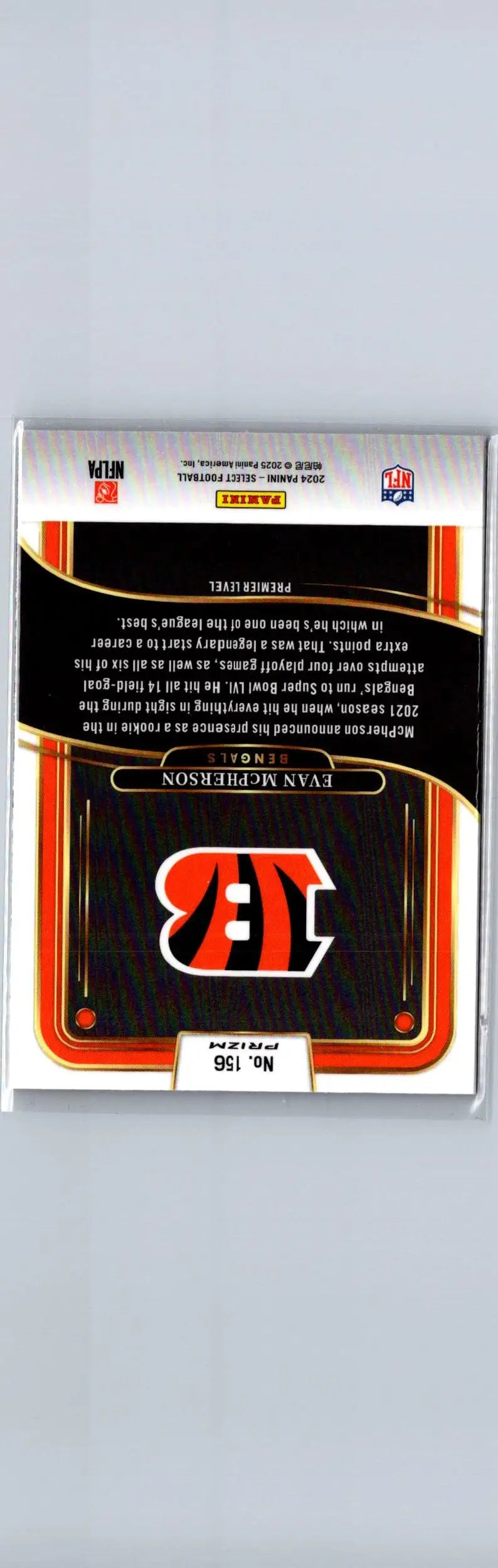 Football trading card featuring Evan McPherson Red & Blue Prizm Shock from 2024 Panini Select