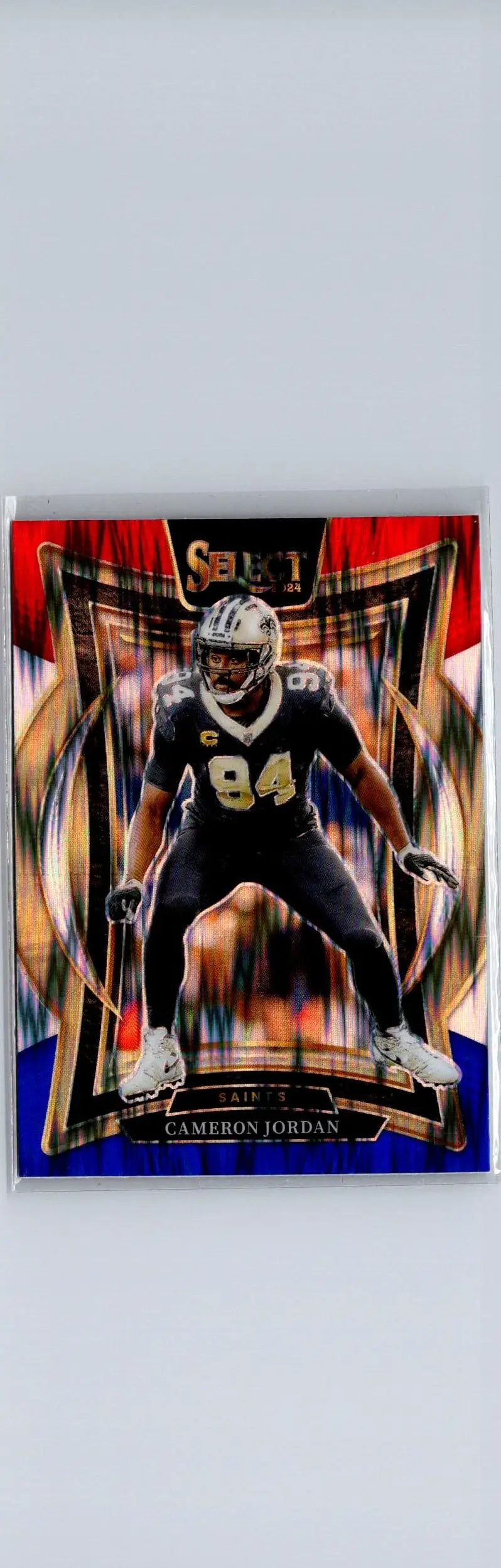 Cameron Jordan football card featuring Cameron Jordan Red and Blue Prizm Shock design