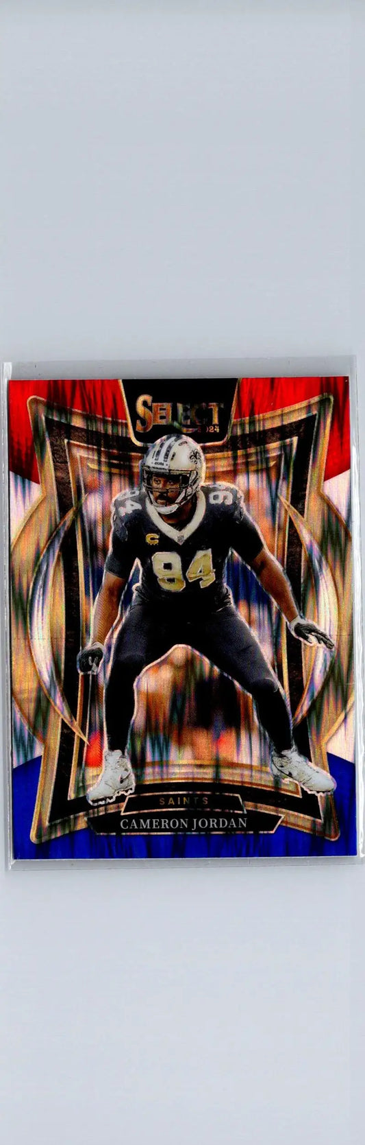Cameron Jordan football card featuring Cameron Jordan Red and Blue Prizm Shock design