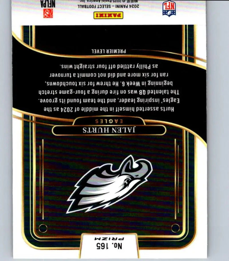 Football trading card of Jalen Hurts Black & Red Prizm Shock from 2024 Panini Select
