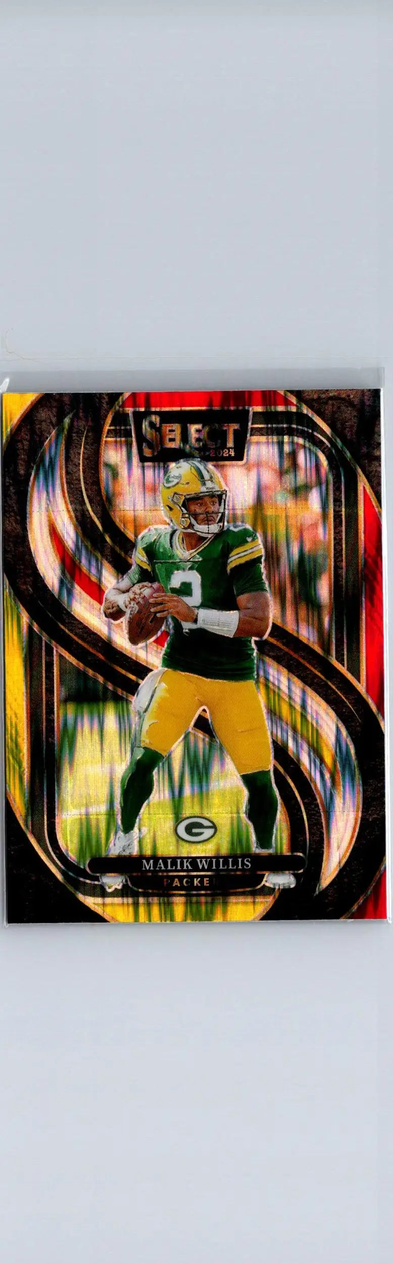 Football trading card of Malik Willis in green and yellow uniform from 2024 Panini Select Red & Yellow Prizm Shock
