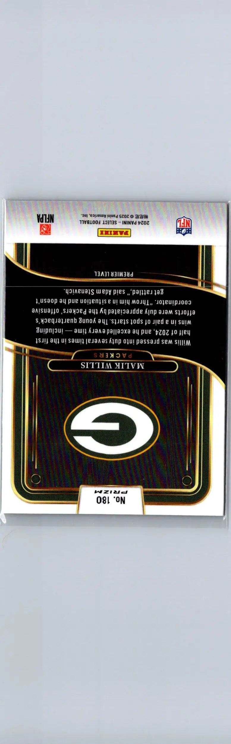 Football trading card of Malik Willis with Green Bay Packers logo featuring Malik Willis Red and Yellow Prizm Shock
