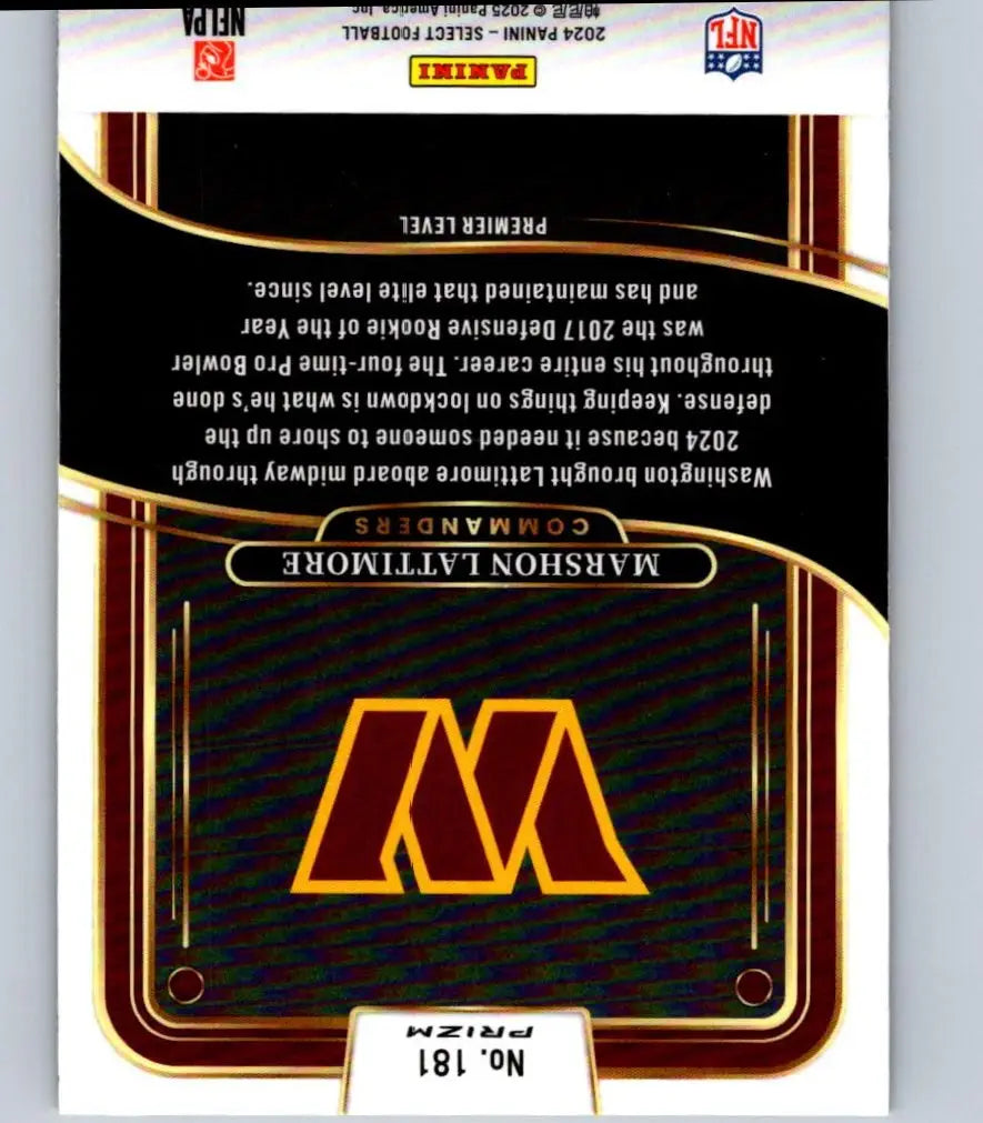 Back of a Marshon Lattimore football trading card featuring Marshon Lattimore Red & Yellow Prizm Shock