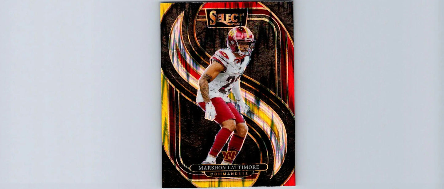 Marshon Lattimore football trading card from 2024 Panini Select Red & Yellow Prizm Shock series