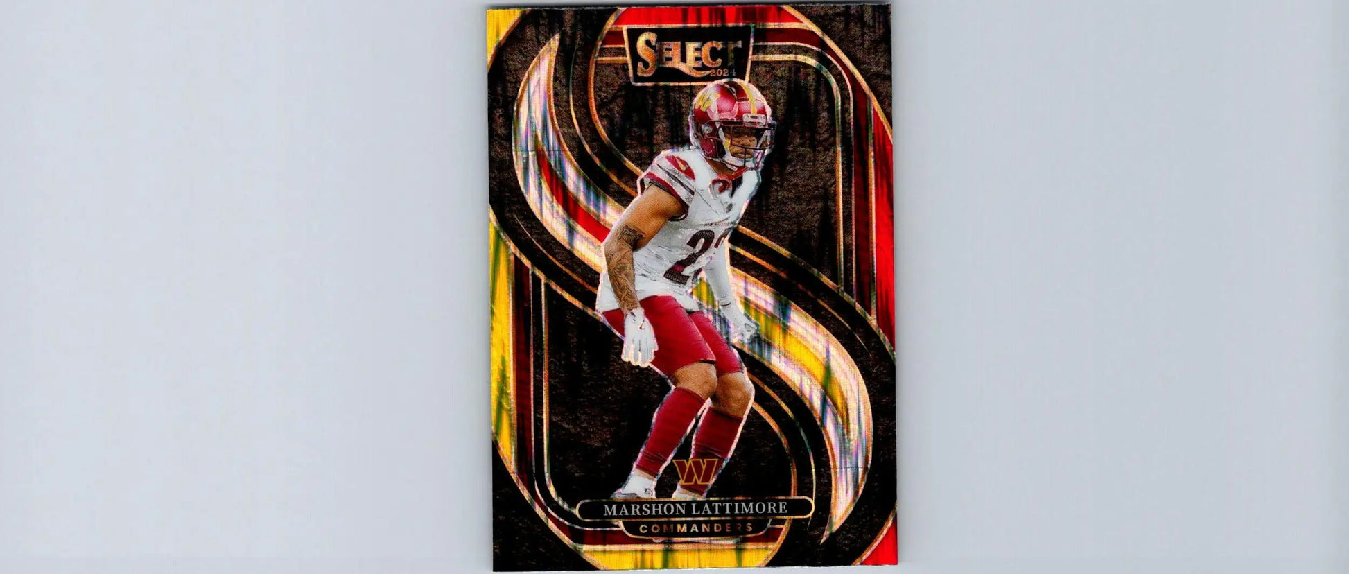 Marshon Lattimore football trading card from 2024 Panini Select Red & Yellow Prizm Shock series