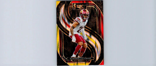 Marshon Lattimore football trading card from 2024 Panini Select Red & Yellow Prizm Shock series