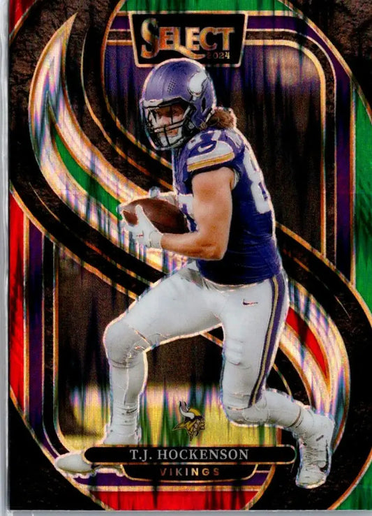T.J. Hockenson football card from Panini Select 2024 with red prizm shock and green accents