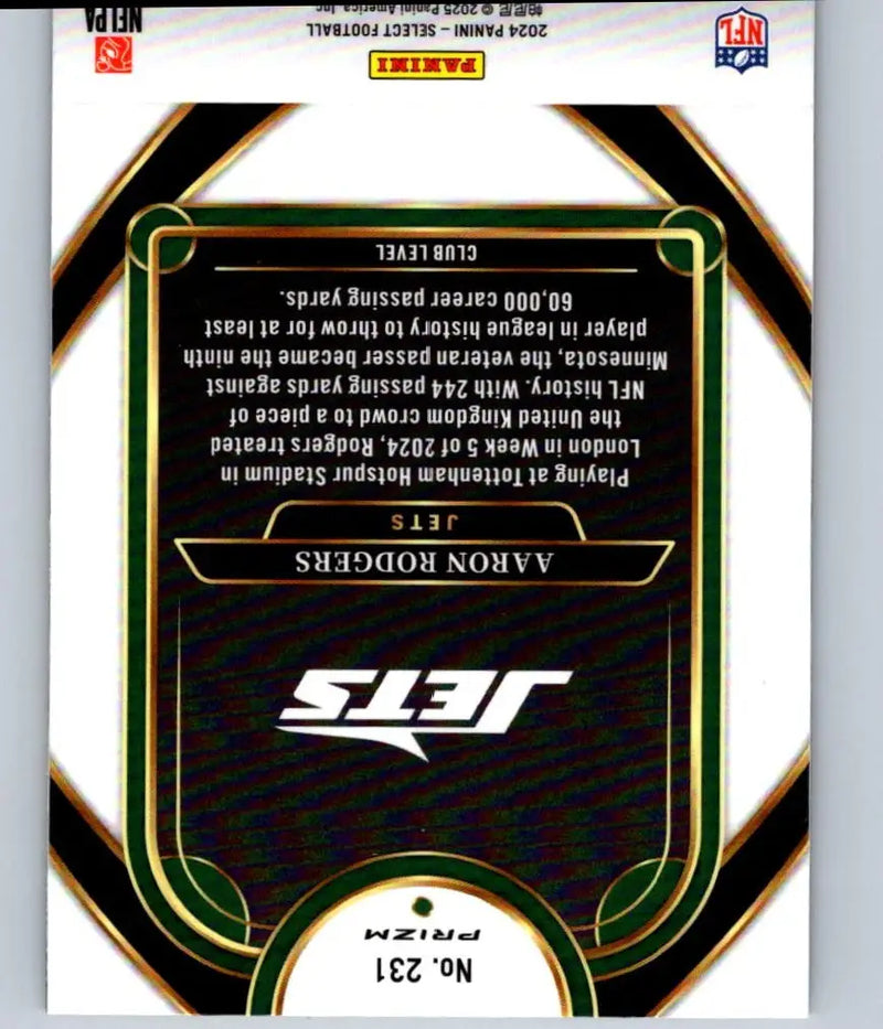 Back of 2024 Panini Select Aaron Rodgers Red Yellow Prizm Shock football trading card