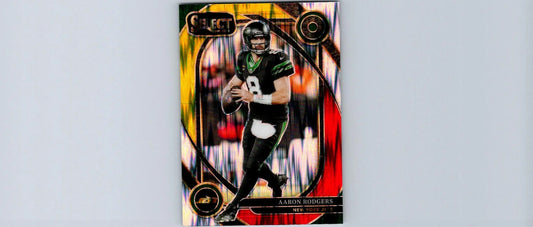Aaron Rodgers football trading card 2024 Panini Select Aaron Rodgers Red Yellow Prizm Shock