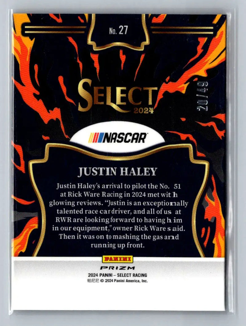 2024 Panini Select #27 Justin Haley En Fuego Blue Prizms #/49 Rick Ware Racing - Racing Card Single