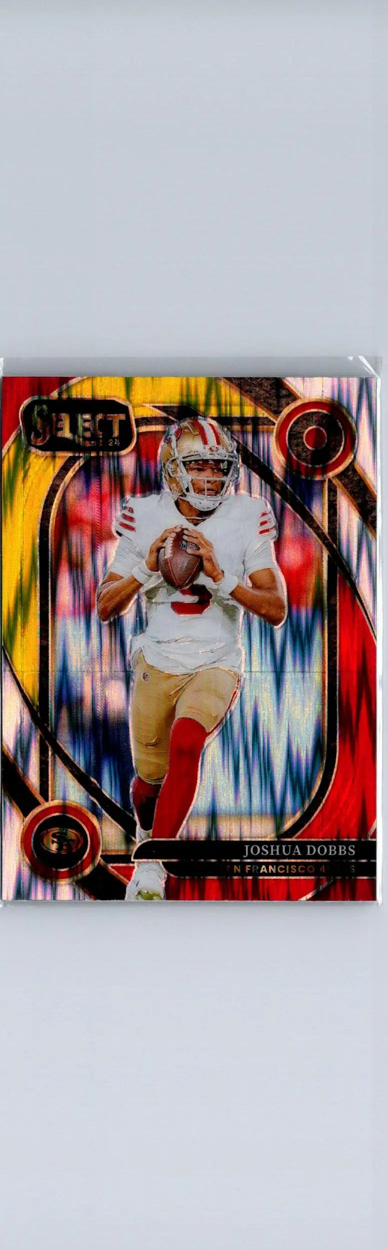 Glossy 2024 Panini Select Joshua Dobbs Red & Yellow Prizm Shock football card with player in white uniform