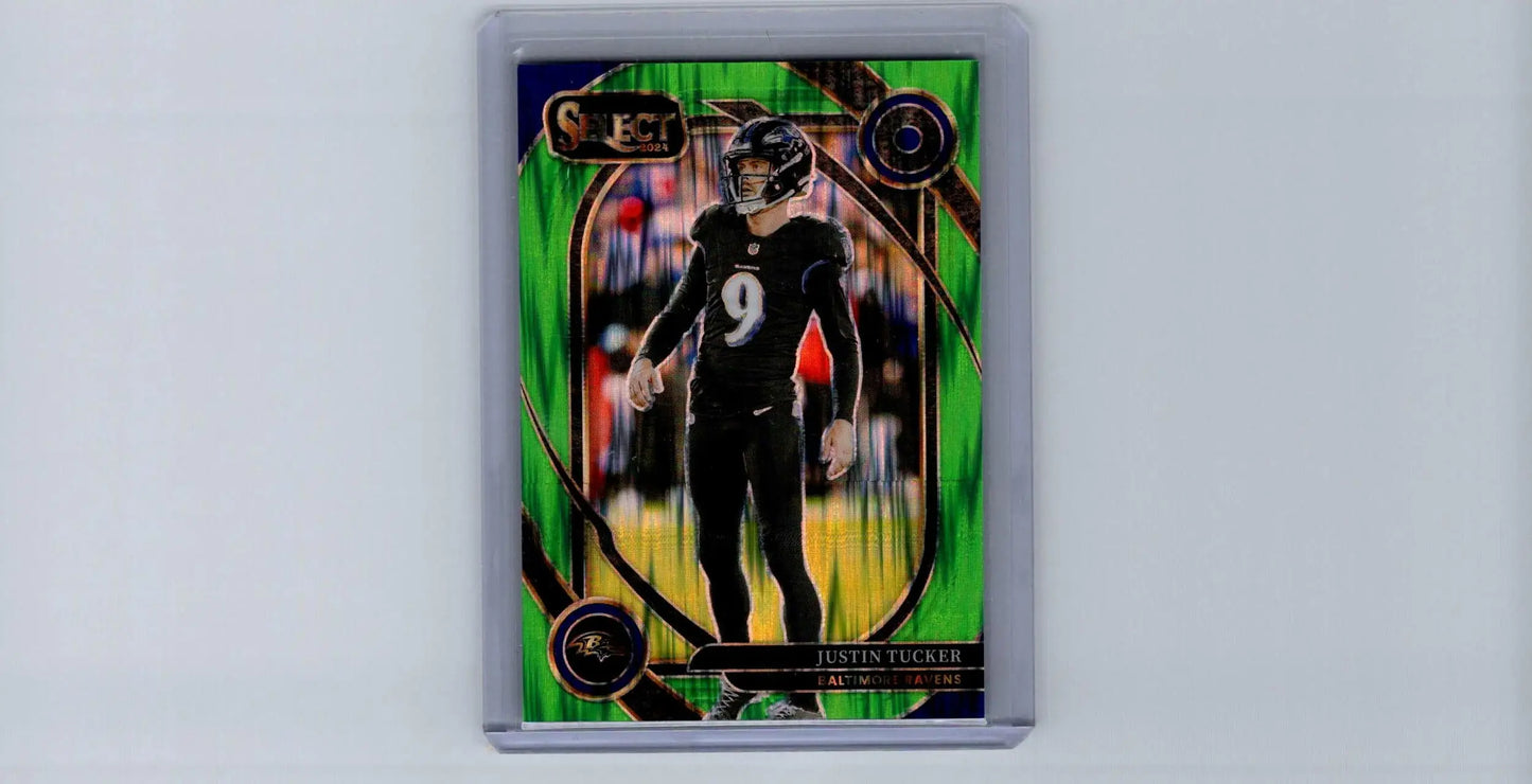 Justin Tucker football card featuring Justin Tucker Neon Green Prizm Shock 2024 Panini Select