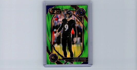 Justin Tucker football card featuring Justin Tucker Neon Green Prizm Shock 2024 Panini Select