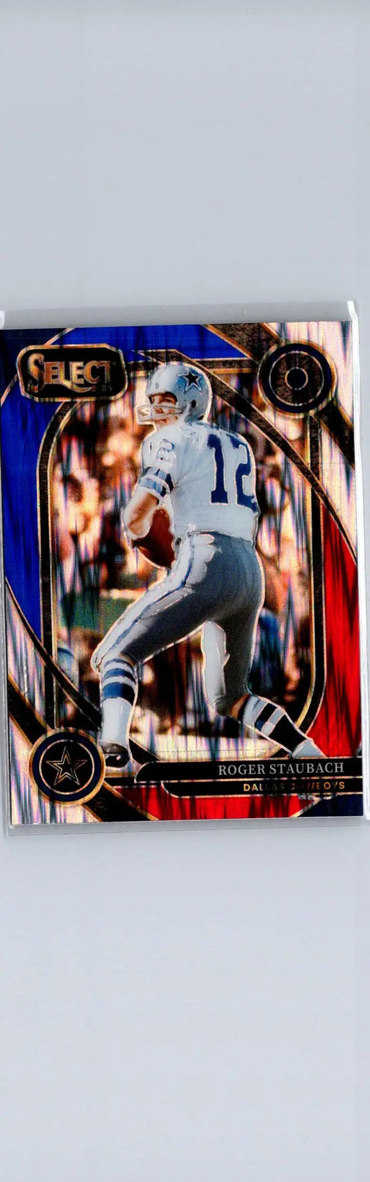 Roger Staubach football card featuring Roger Staubach Red and Blue Prizm Shock