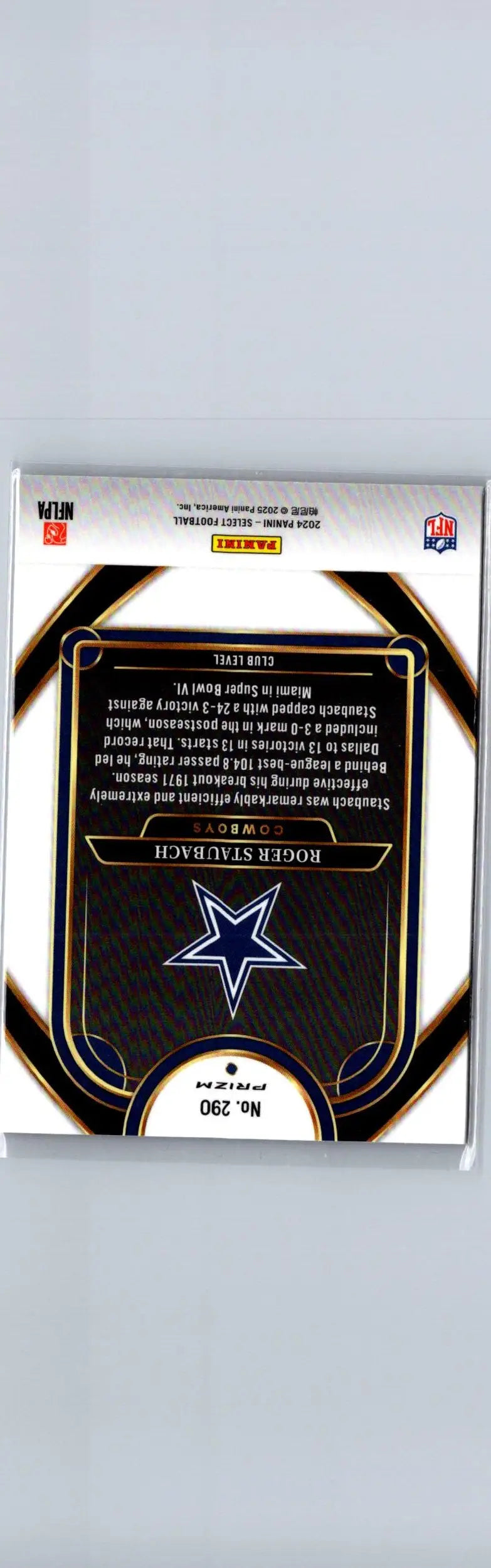 Dallas Cowboys football card featuring Roger Staubach Red & Blue Prizm Shock 2024 Panini