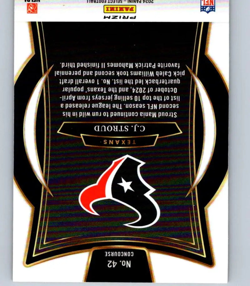 Back of a C.J. Stroud football trading card from Panini Select 2024 with yellow prizm shock