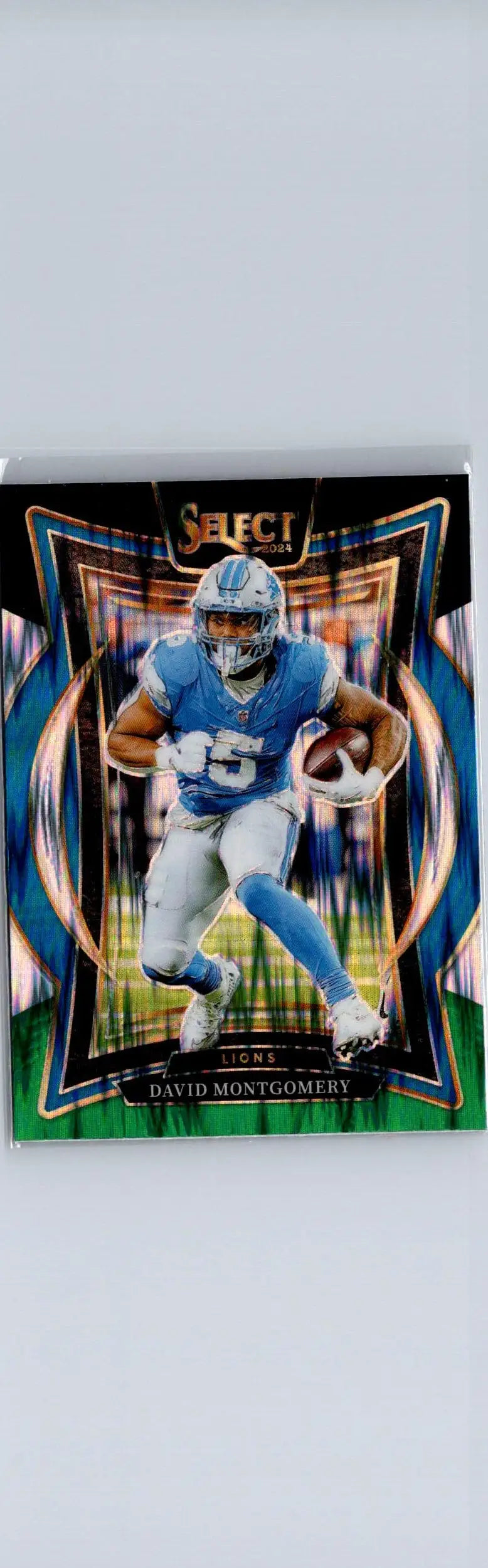 David Montgomery Panini Select football card in Detroit Lions uniform with green prizm shock