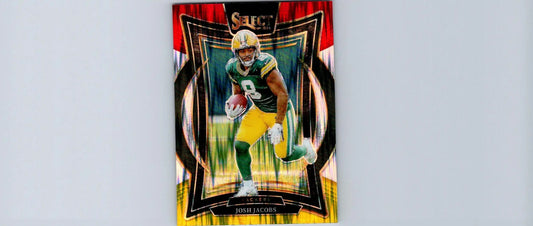 Collectible football trading card of Josh Jacobs in red and yellow Prizm Shock style