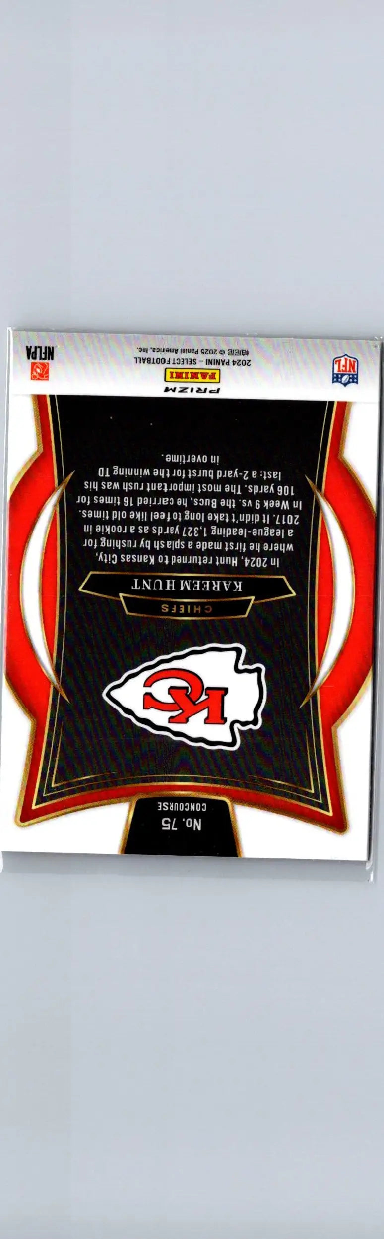 Sports trading card of Kareem Hunt Kansas City Chiefs 2024 Panini Select Red Yellow Prizm Shock