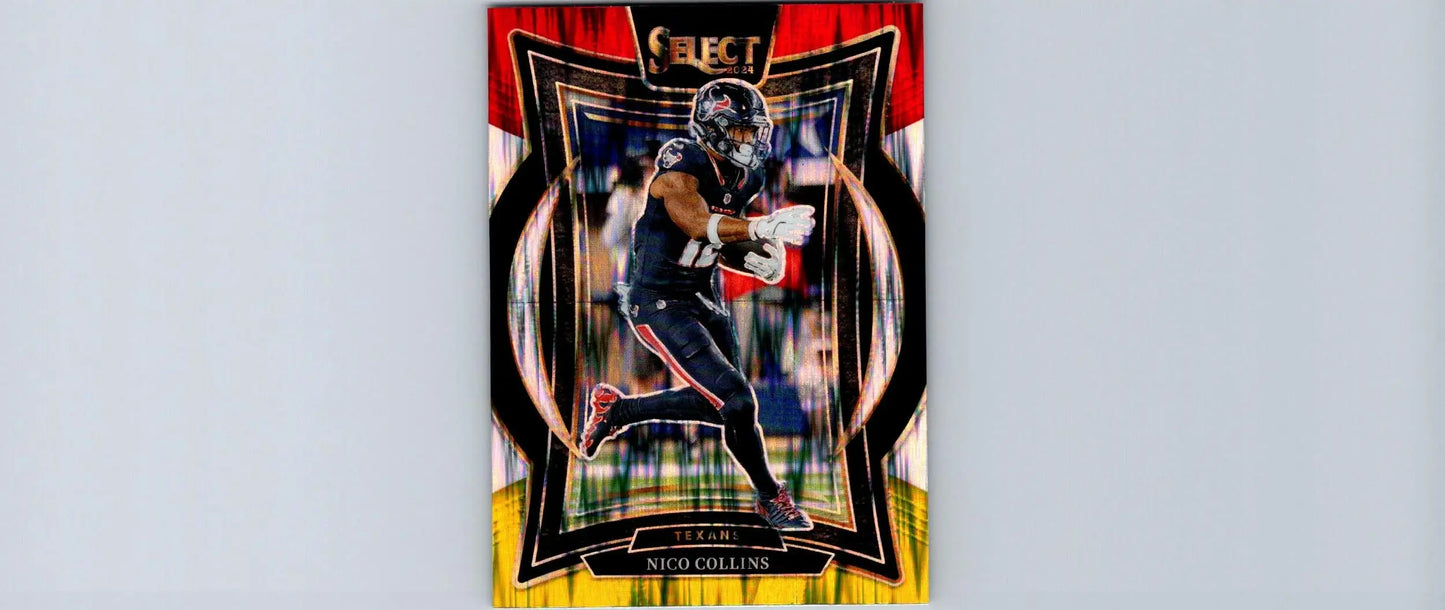 Red and yellow sports trading card of Nico Collins in dark uniform, 2024 Panini Select