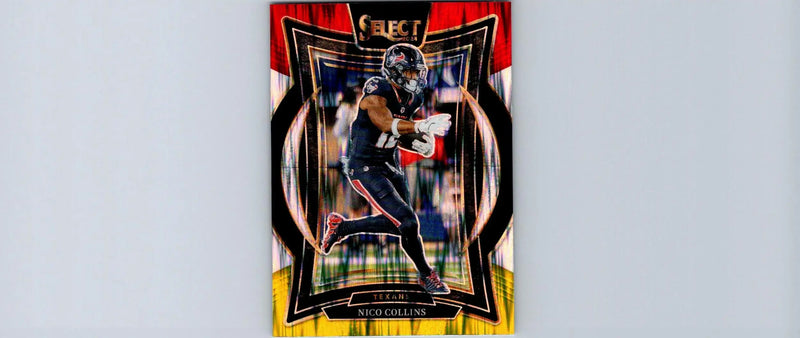 Red and yellow sports trading card of Nico Collins in dark uniform, 2024 Panini Select