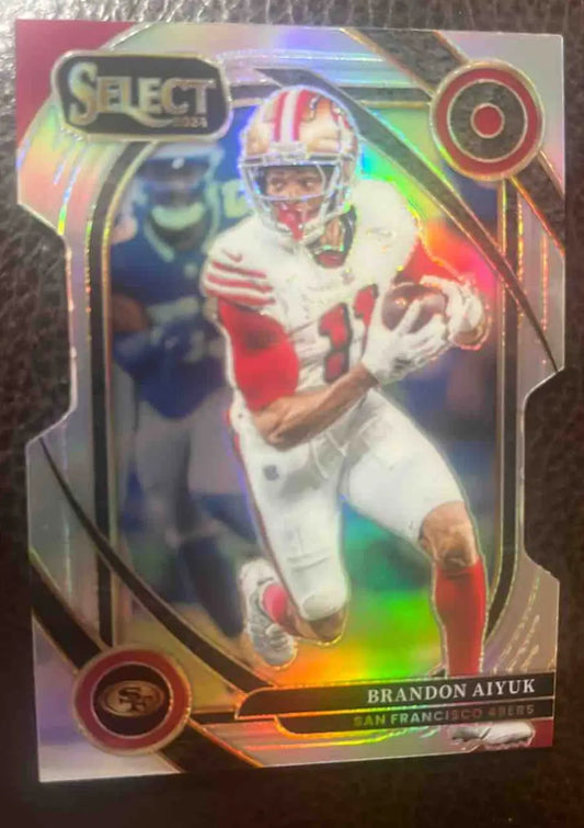 Holographic football trading card of Brandon Aiyuk in 49ers uniform from Panini Select Brandon Aiyuk Club series