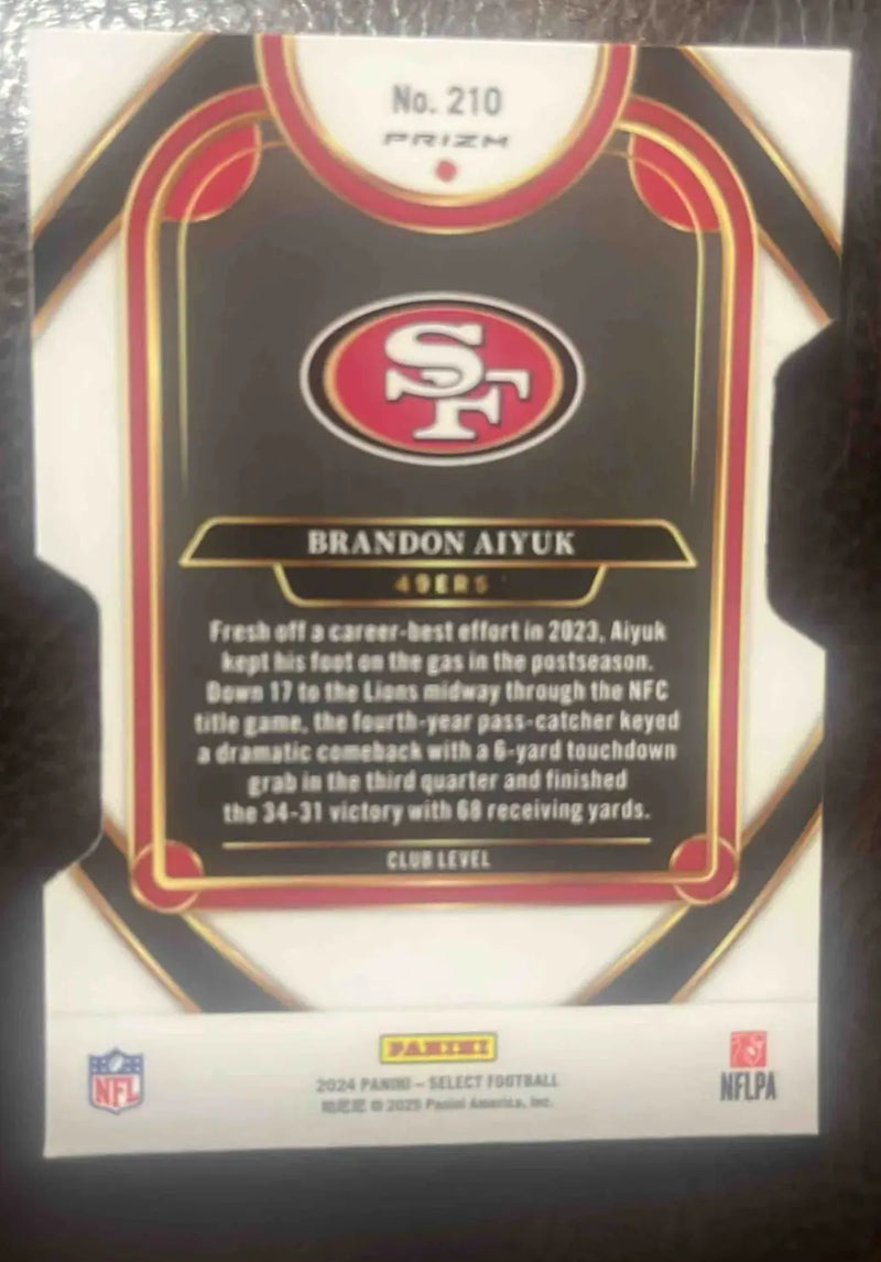 Back of a Brandon Aiyuk football trading card from 2024 Panini Select Brandon Club Silver Prizm