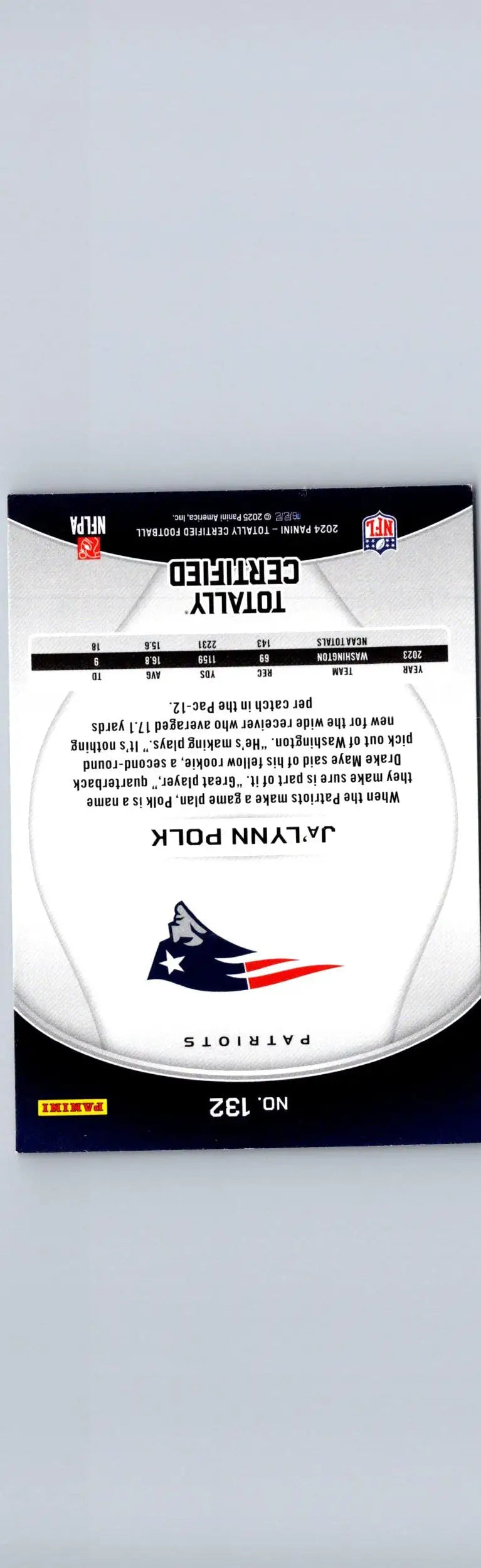 J.Lynn Polk Patriots football card from 2024 Panini Totally Certified collection