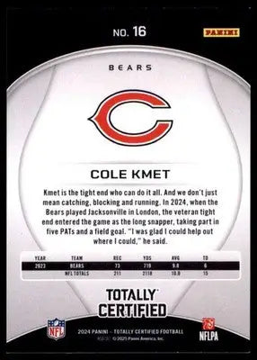 2024 Panini Totally Certified Cole Kmet 16 Chicago Bears