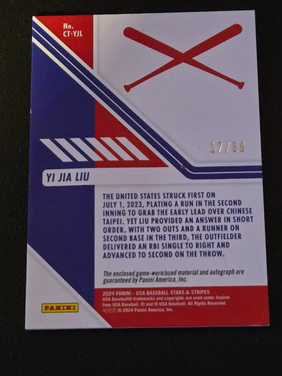 2024 Panini USA Stars & Stripes YI JIA LIU Jersey Autograph Chinese Taipei 17/59 - Baseball Card Single