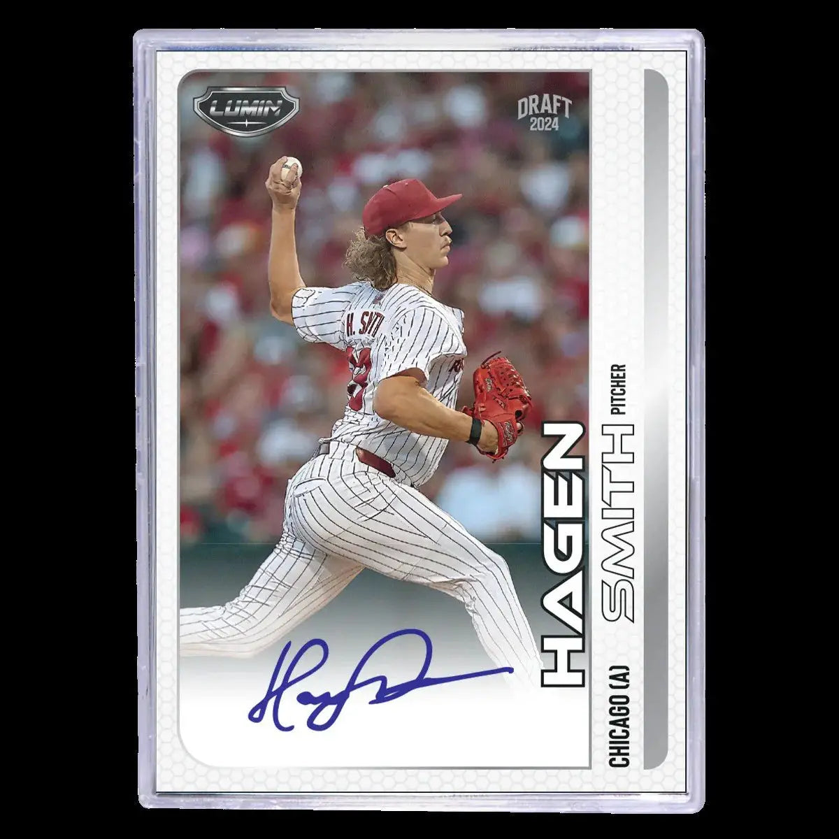 Baseball card featuring pitcher in white and maroon uniform with red glove in plastic sleeve, from 2024 Pulse Lumin Baseball Hobby Box