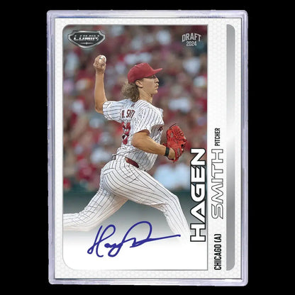 Baseball card featuring pitcher in white and maroon uniform with red glove in plastic sleeve, from 2024 Pulse Lumin Baseball Hobby Box